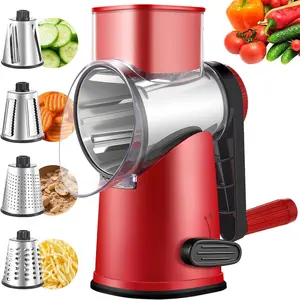 Rotary Cheese Graters with 4 , Large Hand Crank Cheese Grater with Waffle Slicer, Red Cheese Shredder with Suction Base, Easier for Shredding & Grating (Red and black, 4 Graters)