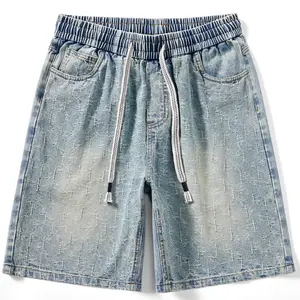 Men’s Summer Vintage Embossed Jacquard Denim Shorts — Elastic Waist Drawstring, Loose Fit Street Style, Knee-Length Denim Shorts