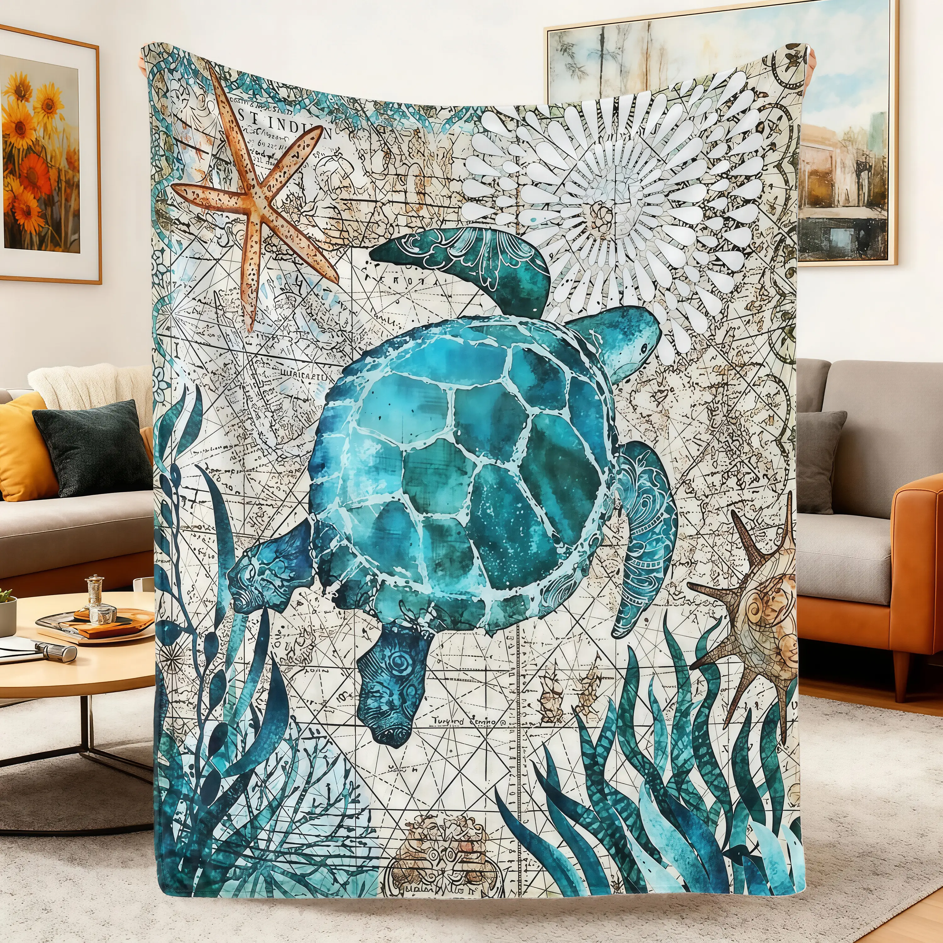 High-Quality Flannel Funny Sea Turtle Throw Blanket - Classic Animal Theme, Ultra-Sea Turtle Print, Lightweight, Ideal for Couch Decor & Birthday Gift for Boys