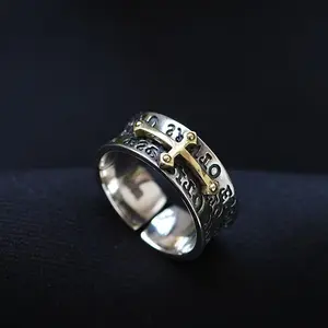 Men's Adjustable Silver Open Cross Ring - New Taigu Design, Personalized Retro European-American Fashion, Metal Coating Costume Jewelry Ring, Rings