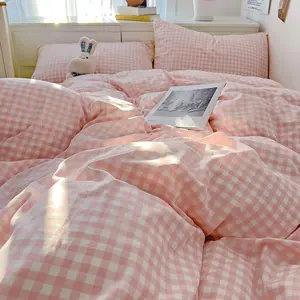 Pure Color Plaid Washed Bedding Set, Includes Two Pillowcases and One Fitted Sheet, Soft Comfortable All-Season Use, Home Decor Essentials