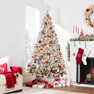 s Pre-Lit Artificial Christmas Tree, 6ft Snow Flocked Design Pine Tree, Full Appearance Snowy w/Easy Assembly, Metal Stand
