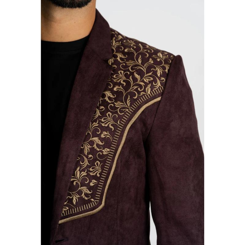 Platini Men's Brown Embroidered Suede Blazer