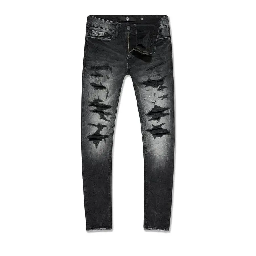 Men's Black Shadow Denim Pants, Slim Taper Fit with Distressed Details and Fused Shreds, Cotton Elastane Fabric for an Aesthetic Menswear Look, Shadow Distress, Streetwear, Vintage, Elevated Finish, Ripped, Slim-Fitting