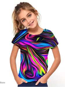 Graphic Print Short Sleeve T-Shirt, Girls' Fashion Colorful Top, Casual Activity Wear, Loose-Fitting Medium Length
