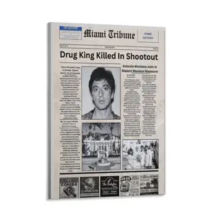 Premium Scarface Newspaper Canvas Wall Art, Iconic Movie Poster Print, Cool Decor & Collectible Gift for Scarface Fans, Perfect for Bedroom, Living Room & Game Room