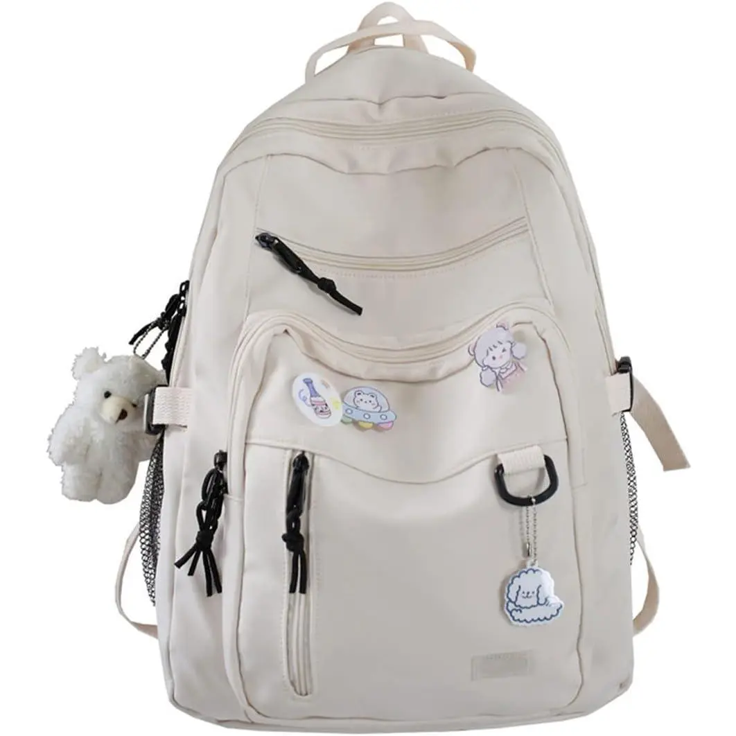 Cute Aesthetic Backpack for School Middle Student Travel White Backpack Teens Girls Bear Pin Book Bags