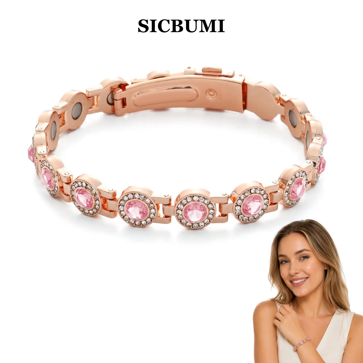 Sicbumi Women's Pure Copper Crystal Bracelet with 3800 Gauss Ellipse Magnets, Premium Butterfly Clasp, Arm Candy Costume Jewelry for Birthday, Anniversary Gifts, 3800 Gauss Magnets, Adults, Arm Candy Accessories