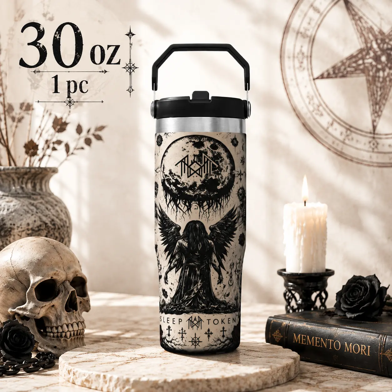 Sleep Token 30oz Insulated Tumbler With Handle And Straw Gothic Angel Moon Art Stainless Steel Vacuum Travel Mug Large Capacity Car Coffee Thermos Reusable Water Bottle Leakproof Cup Gift For Fans Daily Use Hot Cold Drink Tumbler