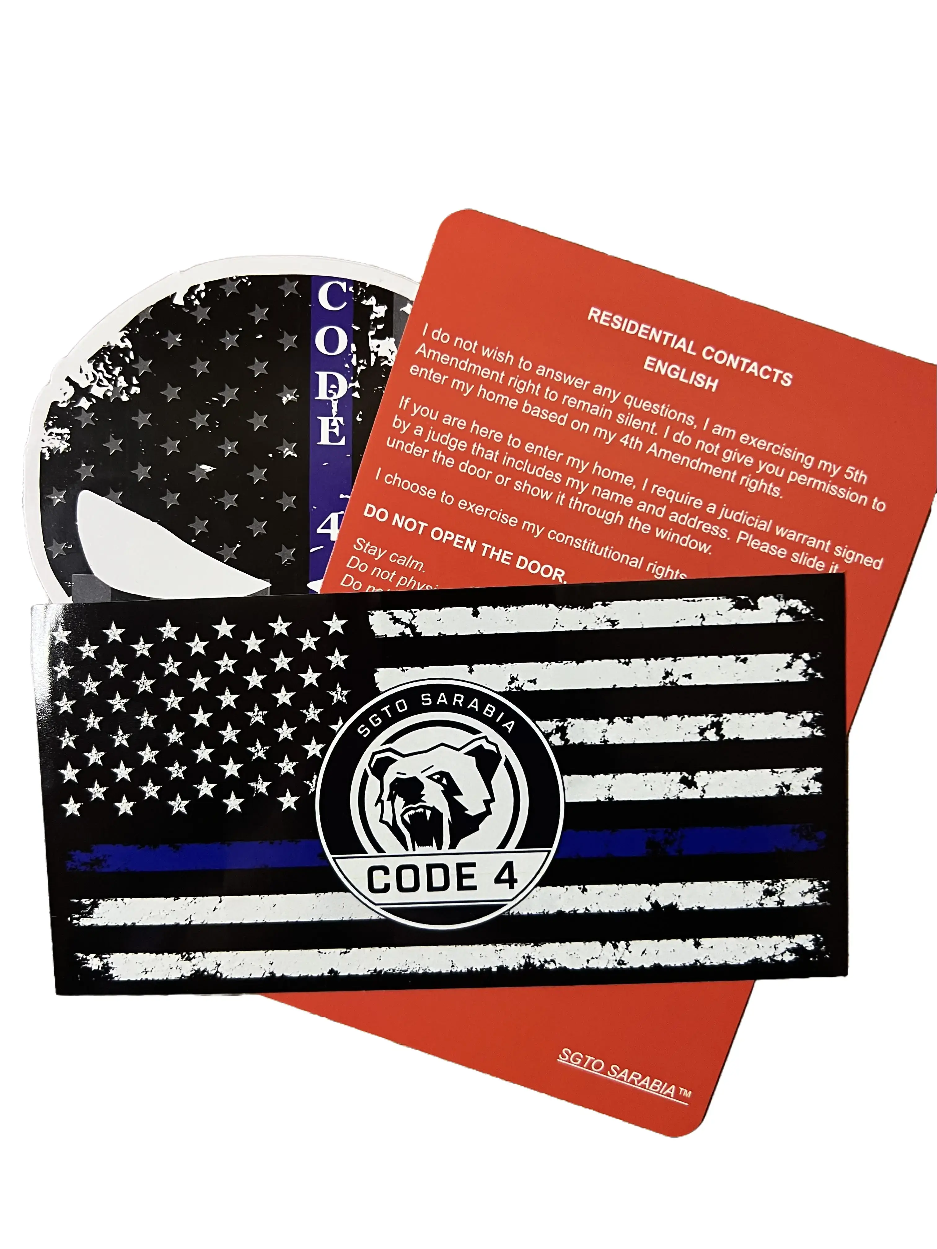 Sgto Sarabia Thin Blue Line Code 4 Decal Bundle – Waterproof Police Support Flag Stickers with Skull Decal & Free Red Card