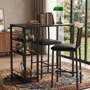 3 Piece Dining Table Set, Bar Table with 3 Storage Shelves & 2 PU Cushion Chairs, Kitchen Dining Table with Thick Wood Top, Space-Saving for 2 People, Suitable for Small Apartments, Living Rooms & Kitchens, Stylish and Practical