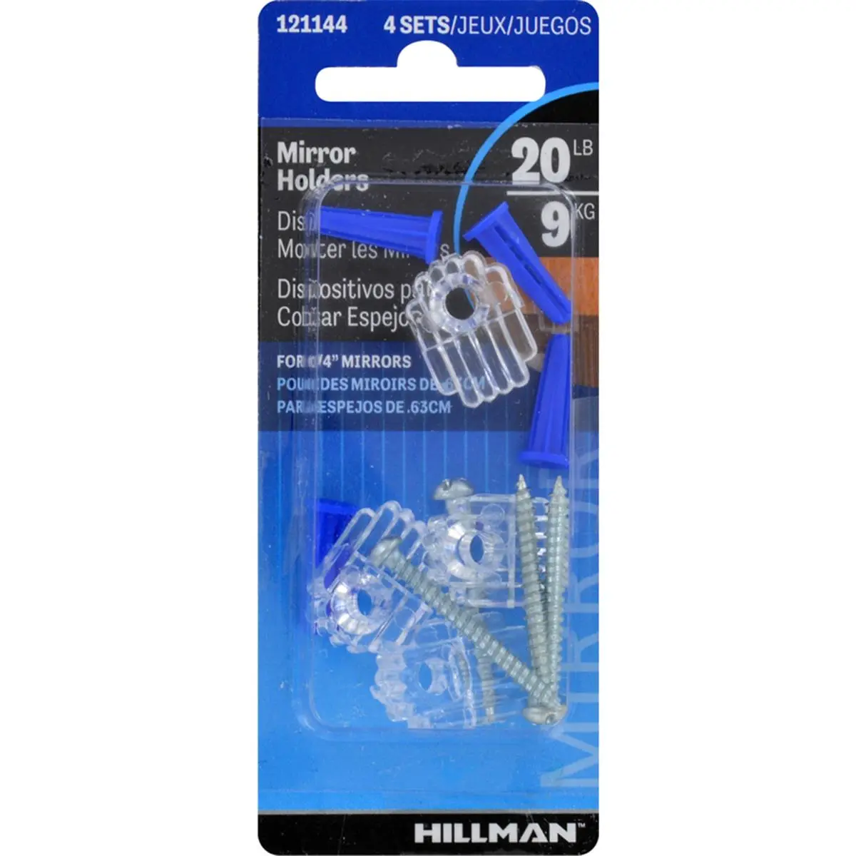 hillman Mirror Hanger Clips Set, Durable Plastic Holders for 0.25 in Acrylic Mirrors, Wall Mounted with Steel-Plated Silver Finish, 4-Pack, 1/4" Thick Mirrors