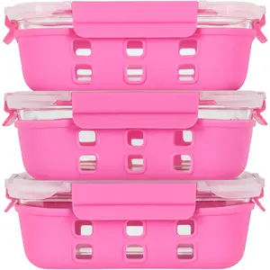 Meal Prep Containers with Silicone Sleeves, 3 Piece 4.5 Cup Set, Glass Food Storage with Lids, Oven, Microwave, Freezer and Dishwasher Safe