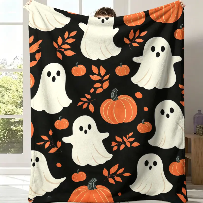 Minimal White Ghost-Orange Pumpkin Fall Leaf Flannel Blanket - Solid Black Background, Simple Cartoon Repeat Design, Soft Breathable Fleece, Classic Durable Modern Neutral Farmhouse Halloween Bedroom Decor, Child-Friendly All Seasons Fall Gift