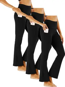 3pcs Flared Bell Bottom Yoga Pants High Waist Three Quarter Trousers Side Pocket Tummy Control Hip Lift Leggings Black Basic Slim Fit Simple Workout Casual Pants Soft Stretchy Seamless Activewear