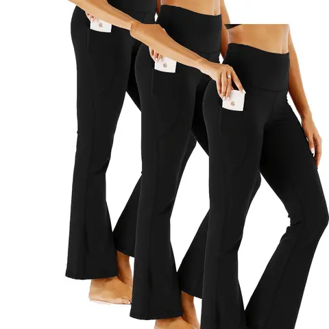 3pcs Flared Bell Bottom Yoga Pants High Waist Trousers Side Pocket Tummy Control Hip Lift Leggings Black Basic Slim Fit Simple Workout Casual Pants Soft Stretchy Seamless Activewear