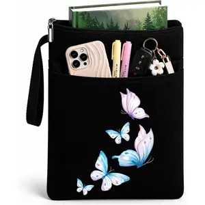 Cute Waterproof Zipper Book Sleeve with Spacious Front Pocket Protector Book Pouch for Hardcover Paperback Perfect Gift for Book Lovers (Butterfly Black)