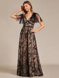 Ever-Pretty Embroidered Mesh Flutter Sleeve V-Neck Formal Evening Maxi Dress02224