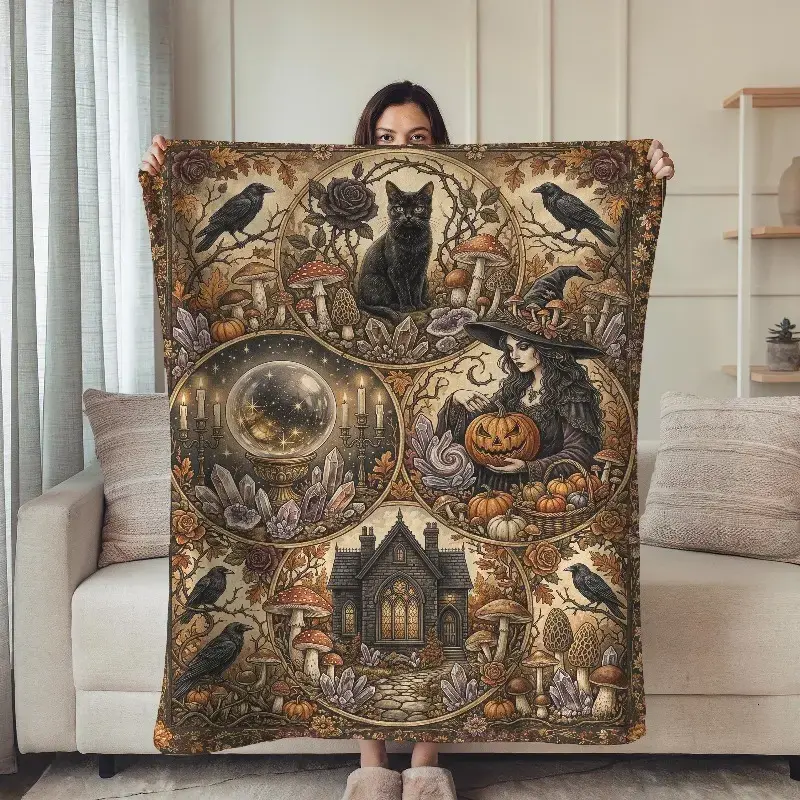 Gothic Halloween Sherpa Blanket, Witchy Black Cat Throw, Crystal Ball Witch Blanket, Dark Cottagecore Spooky Gift For October Birthday, Plush Cozy Bedding Blanket for Sofa Couch Bed Bedroom Fall Room Decor
