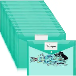 Lincia Plastic Envelopes A4 Size Poly Envelopes File Folders Work Document Holder Office Paper Plastic File Organizer with Label Pocket Snap Button Home Bag for School(Clear Green,24 Pcs)
