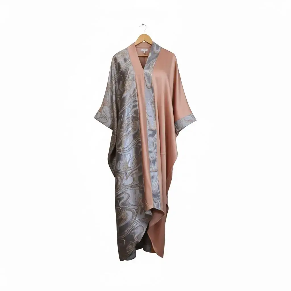 Women's Modest Abayas - Oversize Rose Gold Marble Print Luxury Satin Silk Kaftan, Islamic Gown