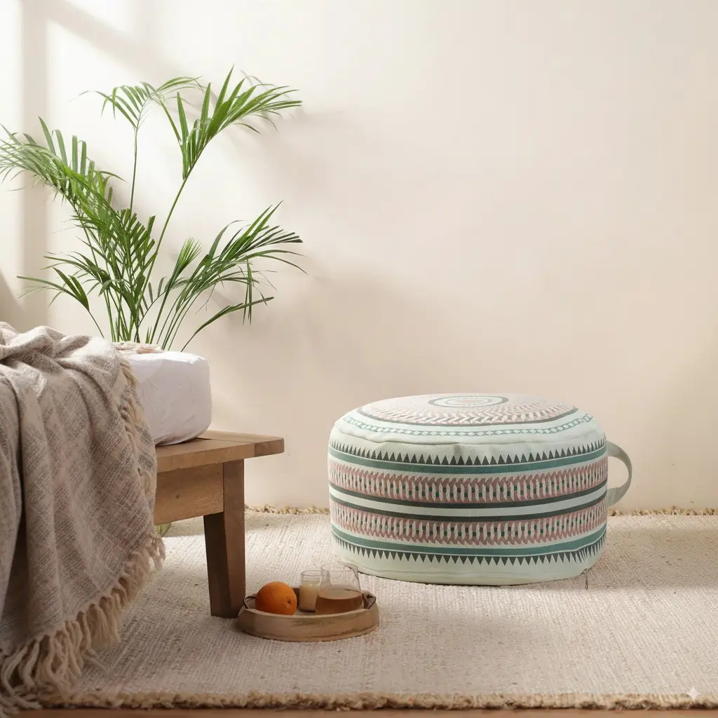 MOCOFO Round Geometric Pattern Pouf Cover with Zipper 18"x18"x8" Storage Canvas Ottoman Seat Footrest for Living Room Bedroom Kids Room Pastel Home Decor