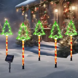Christmas Solar Pathway Lights Outdoor Decorations, 8 Modes Xmas Tree Candy Lights Waterproof Led Garden Stake Light for Walkway Yard Lawn Porch Holiday Decor 5-Pack