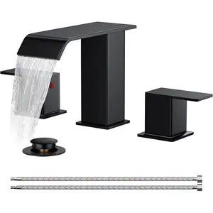 FORIOUS Bathroom Faucets 3 Hole Black Gold Brushed Nickel - 8 Inch Widespread Bathroom Sink Faucet Waterfall Spout with Pop Up Drain and Water Supply, Suitable for Vanity RV Commercial Lavatory Restroom