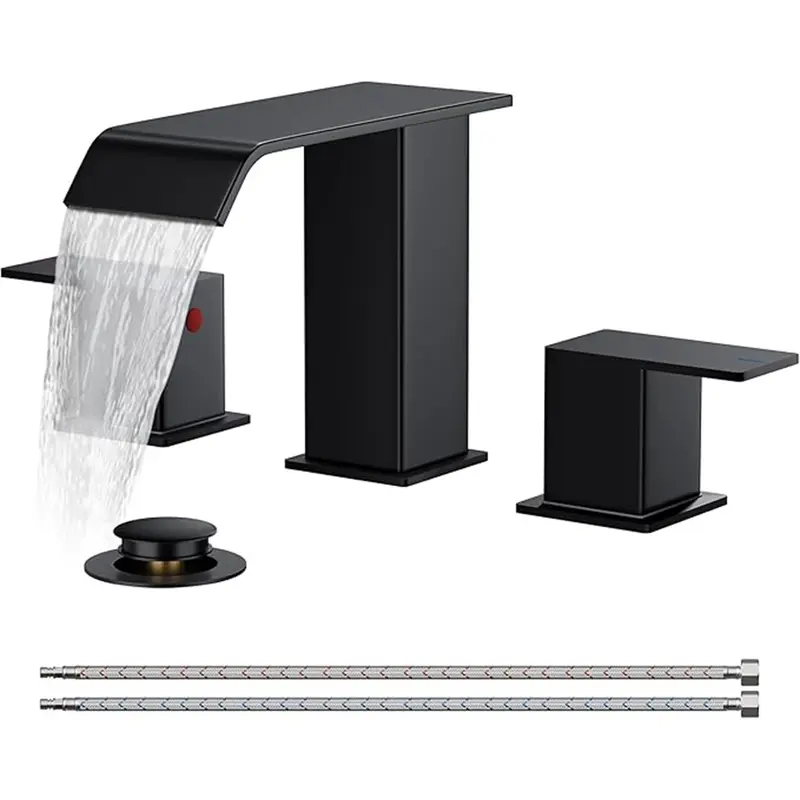 FORIOUS 8-Inch Widespread 3-Hole Centerset Bathroom Sink Faucet - Black Gold Brushed Nickel, Waterfall Spout, Lift-and-Turn Drain with Filter Basket, Burst-Resistant PEX Supply Line (3/8 Thread), Ceramic Valve, Splash Proof, Fits Vanity, RV