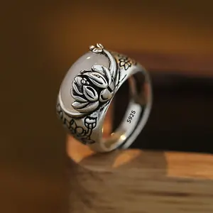 925 Sterling Silver Rings For Women Vintage Handmade Adjustable Oval Flower Ring Fashion Band Female Bijoux Gift