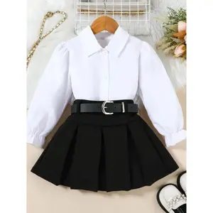 School season children's clothing girls fashion suit autumn new girls lapel long-sleeved shirt + pleated skirt + belt three-piece set, Perfect Outdoor