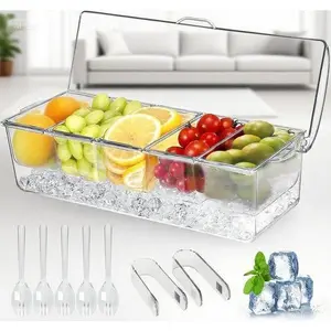 5-Section Chilled Serving Tray with Removable Lids, Party Condiment Containers & Garnish Platter, 2.5-Cup Capacity for Bar Accessories & Entertaining Supplies, Durable & Reusable Food Server