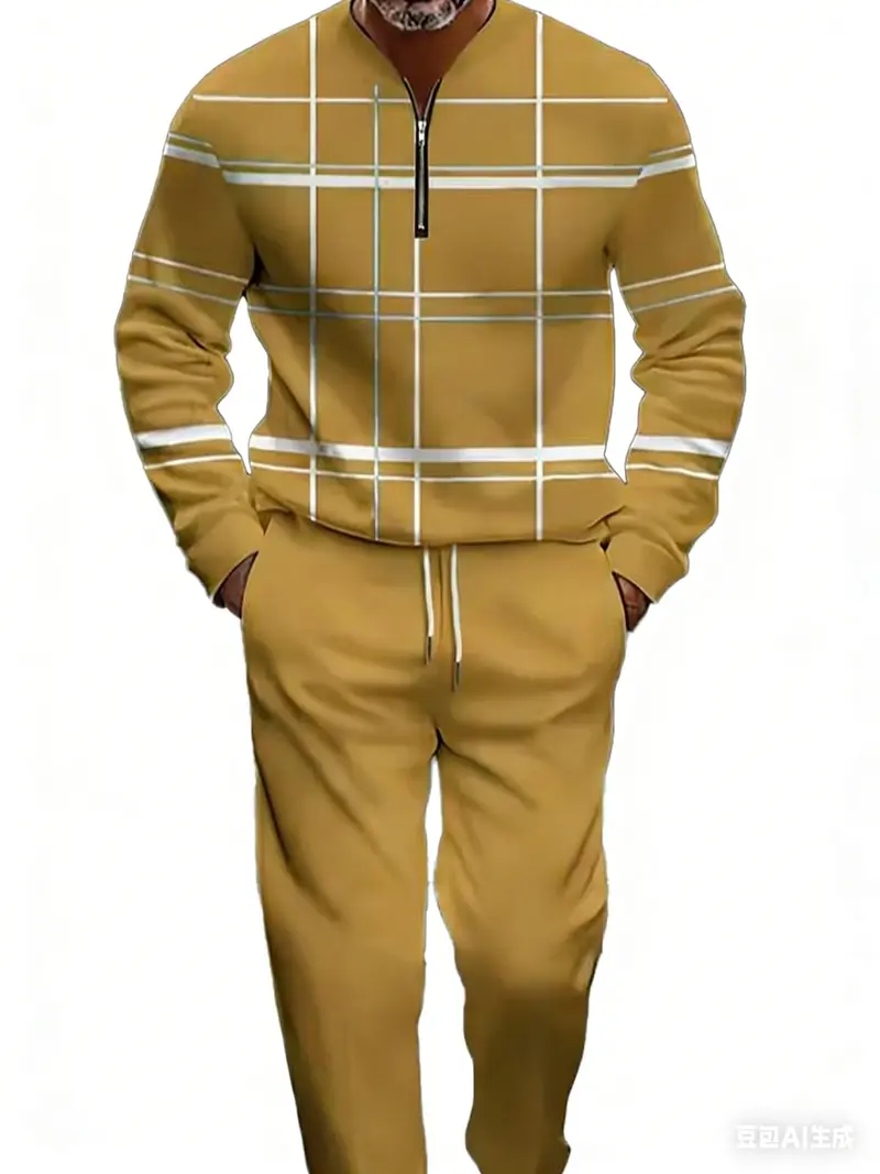 Men's 2-piece lightweight business casual sportswear |   Light blue checkered top with half zipper |   Contrasting white and yellow checkered patterns+matching pants |   Suitable for urban commuting, office leisure, and polished comfort Summer Tracksuits