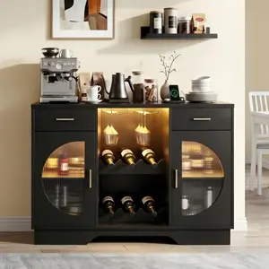 DAYAGO Wine Bar Cabinet with LED Light, Modern Liquor Cabinet Coffee Bar Cabinet for Living Room Entryway Kitchen Buffet Sideboard with Wine Rack & Glass Holder, 2 Drawers and Charging Station, Black, Living Room, Kitchen