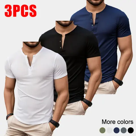 Men’s 3-Pack Solid-Color Short-Sleeve Henley-Neck Retro T-Shirts - Polyester Fiber, Comfortable, Breathable Classic Casual Tops for Everyday Wear, Summer Outdoor Activities