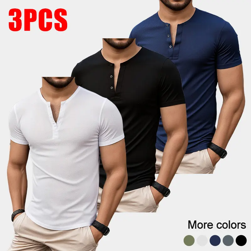 Men’s 3-Pack Solid-Color Short-Sleeve Henley-Neck Retro T-Shirts - Polyester Fiber, Comfortable, Breathable Classic Casual Tops for Everyday Wear, Summer Outdoor Activities