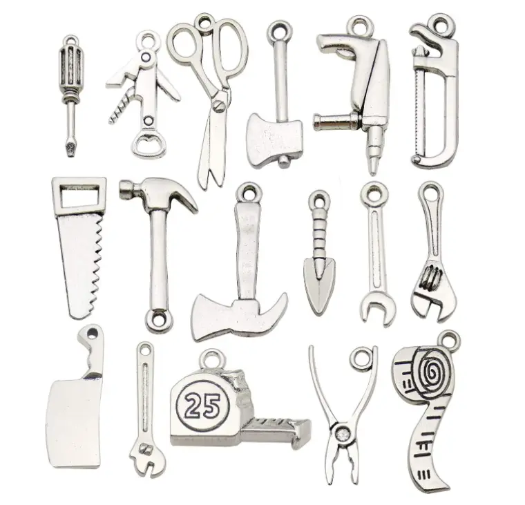50 pcs Antique Silver Tool Style Charms DIY Shovel Scoop Hammer Ax Hatchet Pincer Pliers Charms for Jewelry Making Necklace Bracelet HM351
