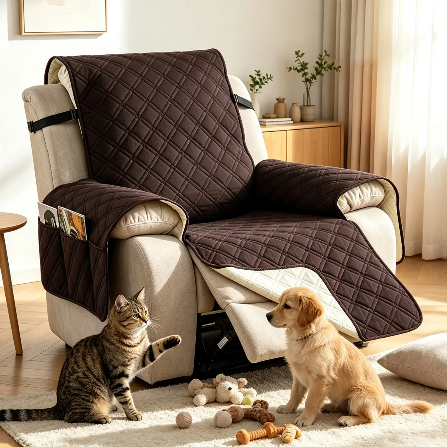 Waterproof Recliner Chair Covers, Non-Slip Durable Adjustable Armchair Protector, Washable Slipcover with Pocket, Elastic Straps for Pets