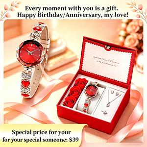Clvmu Kiai Ladies Elegant Butterfly Watch Bracelet Set with Heart Shaped Gift Box Exquisite Necklace Ring Earrings Fashionable Jewelry for Women Perfect Festival Gift Baby G Rhinestone Wristwatch