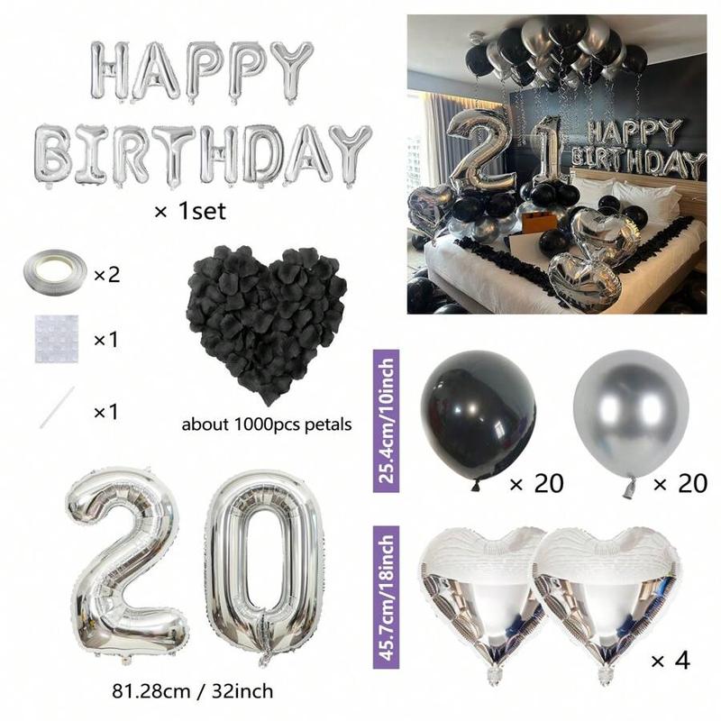 1050pcs Black Silver Party Balloons Decorations Silver Happy Birthday Banner Chrome Latex Heart Shape Foil 1000pcs Black Rose Petals for Birthday Wedding Baby Shower Anniversary Perfect Kit for All Occasions happy birthday roomdecor fake flower petal Gold