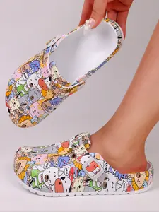 Women's Lightweight Eva Tie-Dye Slippers with Cartoon Animal Patterns, Cute Flat Garden Shoes for All Seasons, Fun Summer Design Footwear