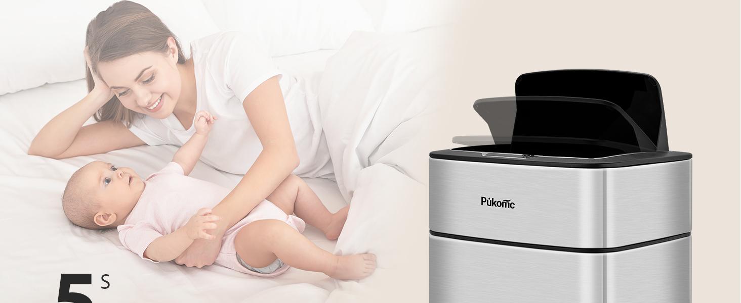 Pukomc Smart Sensing Touchless Trash Can 2.7Gal Motion Activated Auto Open Close Odor Sealed Bin with Digital Display Soft Close Lid Stainless Steel