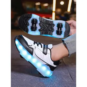 LED Light-Up Roller Skates, PU Leather Four-Wheel Inline Skates, USB Rechargeable, Detachable Wheels, All-Season Casual Shoes, Skating Shoes