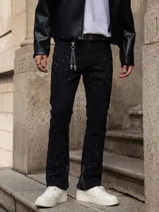 Men's Splatter Print Skinny Jeans, Denim Skinnies, High Street Hip-Hop Style, Streetwear, Zipper Cuff Long Pants, All Seasons Casual Fitted Denim, Trouser