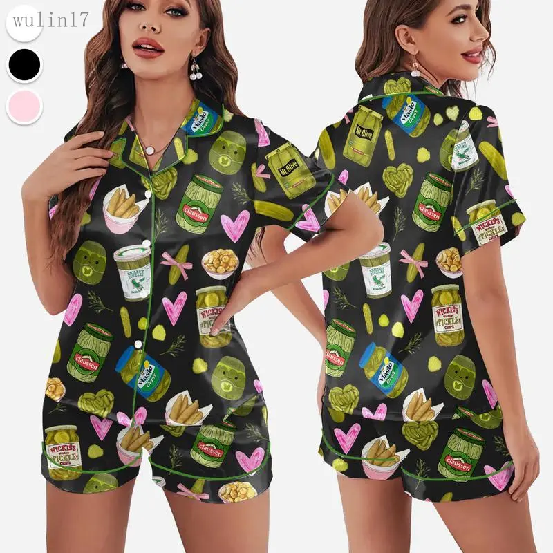 2026Pickles Print Satin Pajamas Set Printed Comfortable Satin Pajamas & Loungewear Pjs Short Sleeve Top & Shorts With Pockets, Gift For Pickles Lover, Gift For Her, Gift idea ,  National Pickle Day