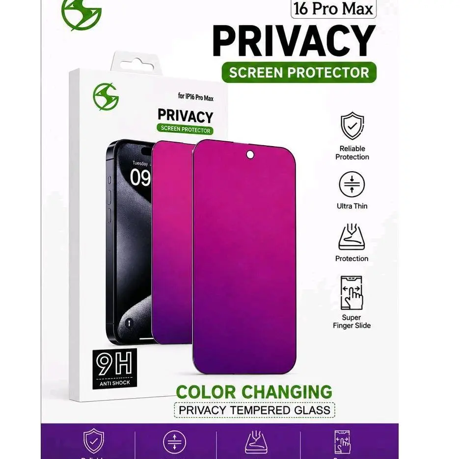Color Changing Privacy Tempered Glass Screen Protector for iPhone 16 Pro Max Ultra Thin 9H Anti-Shock Reliable Protection Super Finger Slide