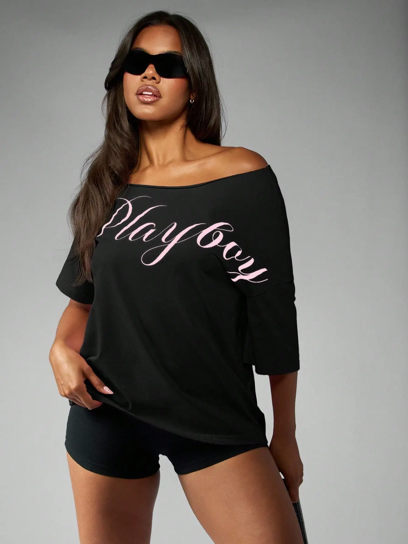 Missguided x Playboy Off Shoulder Script T Shirt Contemporary Design Relaxed Fit Ladies Fashion Street Style Three Quarter Sleeve Casual Loungewear