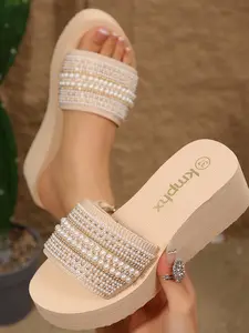 Summer Trendy Sparkling Rhinestone Elegant Sandals, Anti-Slip Soft Sole Wedge Shoes, High-End Style Outdoor Women's Slippers