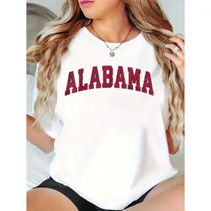 Women's White Distressed "ALABAMA" Graphic T-Shirt, Casual Daily/Game Day Top for College Sports Fans & Ladies 100% Cotton T-shirt