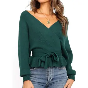 Women's Fall 2026 Wrap V Neck Long Batwing Sleeve Belted Waist Ruffle Knitted Sweater Pullover Top